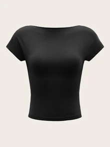 SHEIN MOD تي شيرت أسود سادة بأكمام خفاشية وظهر مكشوف - الأسود - مشاهدة 3