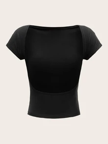 SHEIN MOD تي شيرت أسود سادة بأكمام خفاشية وظهر مكشوف - الأسود - مشاهدة 2