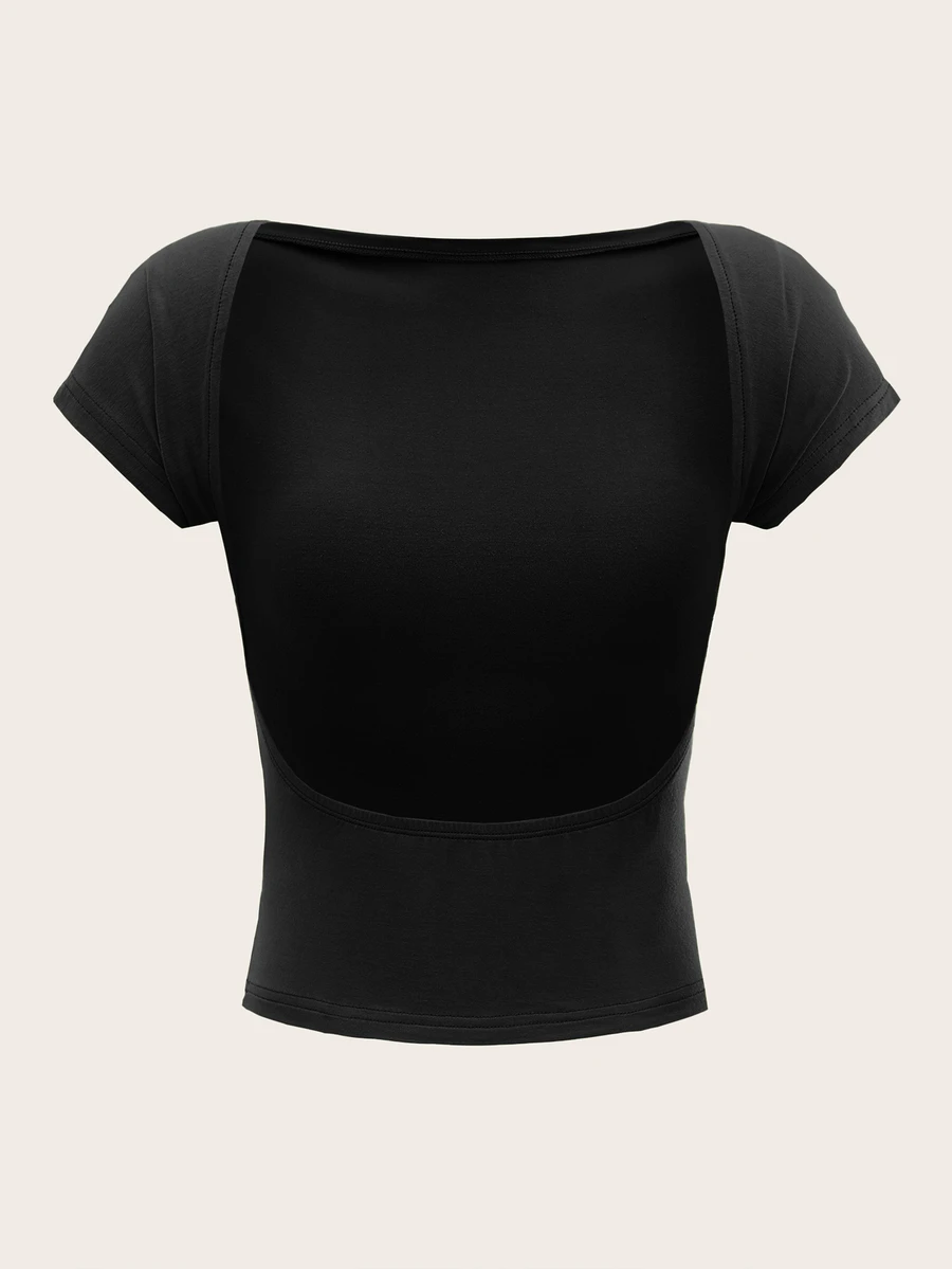 SHEIN MOD تي شيرت أسود سادة بأكمام خفاشية وظهر مكشوف
