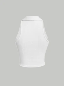 SHEIN MOD Solid Ribbed Knit Polo Collar White Tank Top - White - View 4