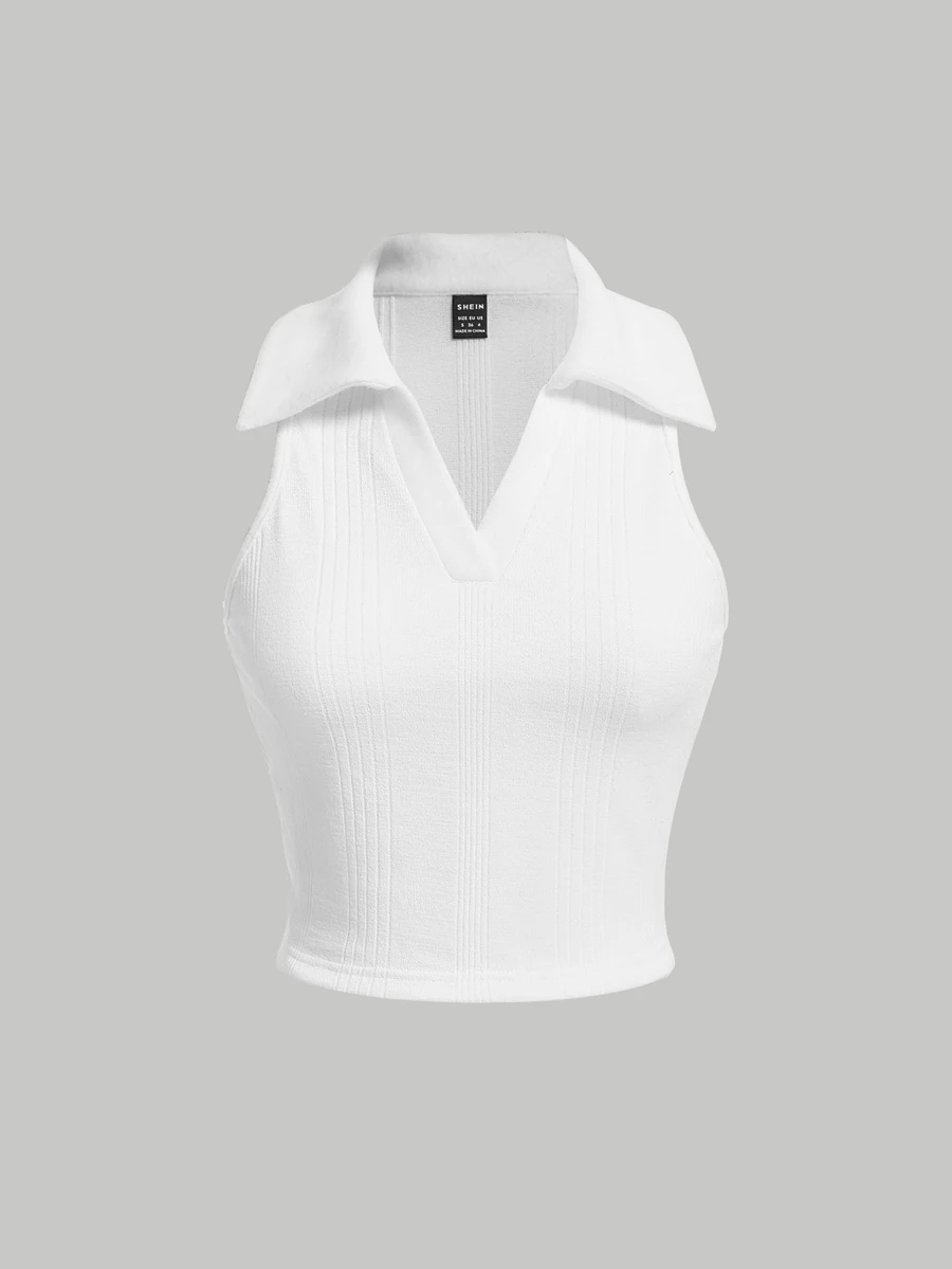 SHEIN MOD Solid Ribbed Knit Polo Collar White Tank Top