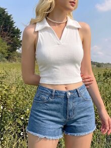 SHEIN MOD Solid Ribbed Knit Polo Collar White Tank Top - White - View 5