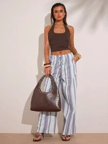 SHEIN BAE 女士时尚性感纯色露背吊带背心 - 咖啡棕 - 查看 9