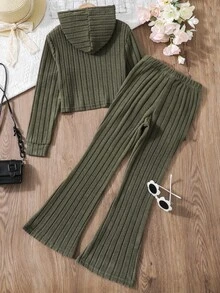 SHEIN 2件組 羅紋短版上衣與喇叭褲套裝，秋季穿搭，秋季上衣，舒適軍綠色連帽設計 - 軍綠色 - 查看 2
