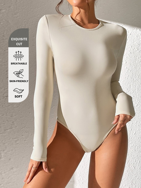 SHEIN PETITE Solid Round Neck Slim Fit Tee Spring Women Bodysuit ,Petite Women