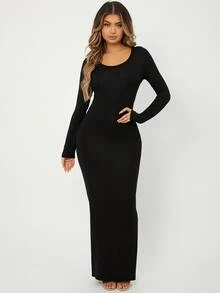 Radiana Solid Maxi Bodycon Dress,Tea Party Dress - Black - View 4