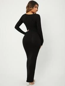 Radiana Solid Maxi Bodycon Dress,Tea Party Dress - Black - View 2