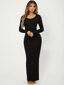Radiana Solid Maxi Bodycon Dress,Tea Party Dress - Black - View 3