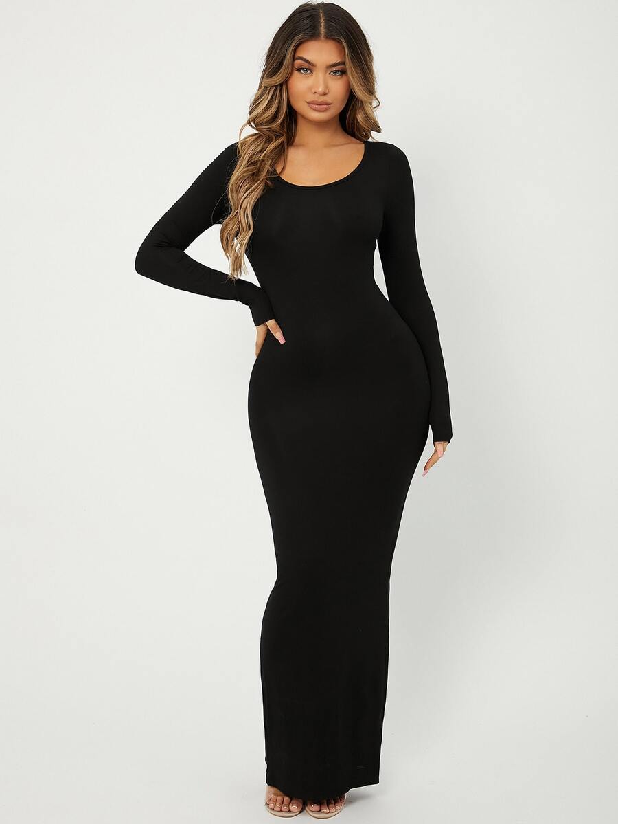 Radiana Solid Maxi Bodycon Dress,Tea Party Dress - Black - View 1
