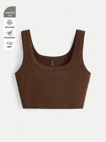 SHEIN BASICS 女款純色短版背心上衣 夏季款 - 巧克力棕 - 查看 7