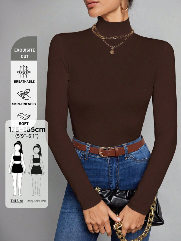 SHEIN Tall Top de cuello alto delgado de unicolor marrón, adecuado para otoño e invierno, para mujeres altas