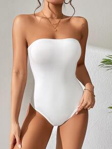 SHEIN PETITE Women Solid Tube Summer Bodysuit ,Petite Women - White - View 2