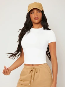 SHEIN BASICS Áo thun ôm dáng màu trơn cơ bản cho mùa hè - trắng - Xem 3