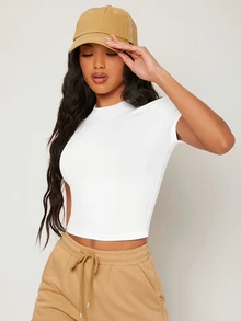 SHEIN BASICS Áo thun ôm dáng màu trơn cơ bản cho mùa hè - trắng - Xem 7