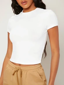 SHEIN BASICS Áo thun ôm dáng màu trơn cơ bản cho mùa hè - trắng - Xem 5