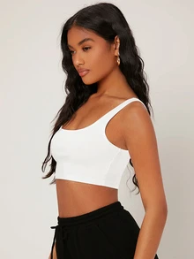 SHEIN BASICS 1入組大圓領素色短款背心 - 白色 - 查看 4