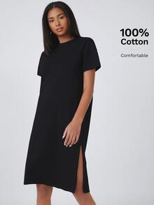 SHEIN BASICS 女款開衩下擺圓領休閒素色T恤洋裝夏季穿搭 - 黑色 - 查看 6