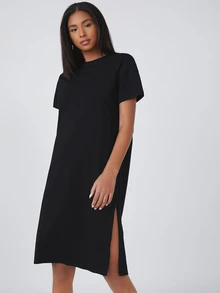 SHEIN BASICS 女款開衩下擺圓領休閒素色T恤洋裝夏季穿搭 - 黑色 - 查看 8