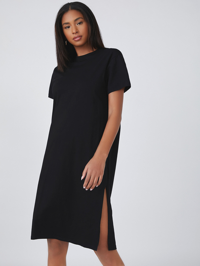 SHEIN BASICS Split Hem Round Neck Casual Solid Tee Dress Summer Outfit For Women Summer Dress