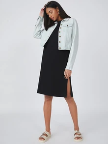 SHEIN BASICS 女款開衩下擺圓領休閒素色T恤洋裝夏季穿搭 - 黑色 - 查看 5