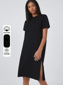 SHEIN BASICS 女款開衩下擺圓領休閒素色T恤洋裝夏季穿搭 - 黑色 - 查看 7
