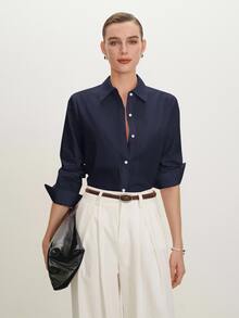 BizChic 海軍藍女款襯衫，秋季翻領露肩前開襟單排扣，優雅極簡休閒通勤商務工作約會 - 藏蓝色 - 查看 3