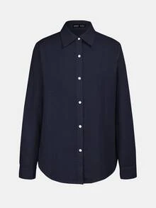 BizChic 海軍藍女款襯衫，秋季翻領露肩前開襟單排扣，優雅極簡休閒通勤商務工作約會 - 藏蓝色 - 查看 9