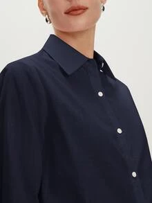 BizChic 海軍藍女款襯衫，秋季翻領露肩前開襟單排扣，優雅極簡休閒通勤商務工作約會 - 藏蓝色 - 查看 6
