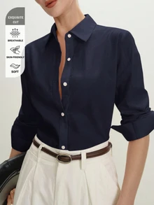 BizChic 海軍藍女款襯衫，秋季翻領露肩前開襟單排扣，優雅極簡休閒通勤商務工作約會 - 藏蓝色 - 查看 14