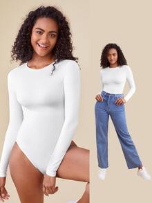 SHEIN BASICS 1pc Solid Slim Fit Tee Bodysuit/Spring Summer Outfit For Women Everyday Homewear White Minimalist Simple Basic Basic Everyday Homewear - White - View 5