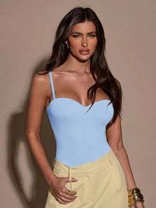 SHEIN BAE 女士纯色简约休闲连体衣 - 淺藍色 - 查看 6