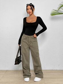 SHEIN PETITE Body de cuello cuadrado y ajuste ceñido, para mujeres de talla pequeña - Negro - Ver 8