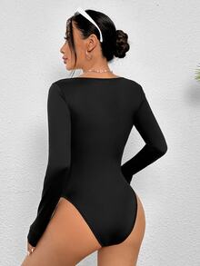 SHEIN PETITE Body de cuello cuadrado y ajuste ceñido, para mujeres de talla pequeña - Negro - Ver 3