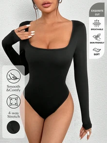 SHEIN PETITE Body de cuello cuadrado y ajuste ceñido, para mujeres de talla pequeña - Negro - Ver 2