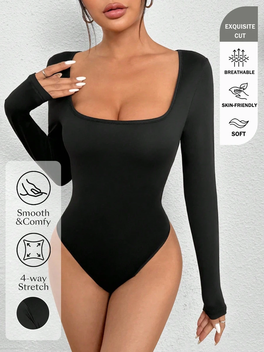 SHEIN PETITE Body de cuello cuadrado y ajuste ceñido, para mujeres de talla pequeña