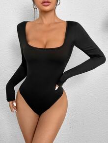 SHEIN PETITE Body de cuello cuadrado y ajuste ceñido, para mujeres de talla pequeña - Negro - Ver 4