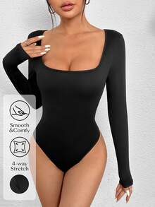 SHEIN PETITE Body de cuello cuadrado y ajuste ceñido, para mujeres de talla pequeña - Negro - Ver 9