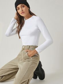 SHEIN BASICS 女款休閒百搭純色修身長袖T恤上衣 白色上衣 秋季女裝 秋季穿搭 - 白色 - 查看 6