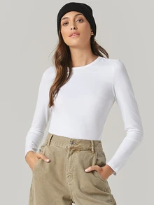 SHEIN BASICS 女款休閒百搭純色修身長袖T恤上衣 白色上衣 秋季女裝 秋季穿搭 - 白色 - 查看 4