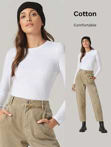 SHEIN BASICS 女款休閒百搭純色修身長袖T恤上衣 白色上衣 秋季女裝 秋季穿搭 - 白色 - 查看 9