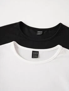 SHEIN BASICS 2pcs/Set Women Solid Color Knitted Round Neck Long Sleeve Bodysuit Black And White Summer Basic Day Time Office Modest Casual Evening - Black and White - View 7