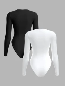 SHEIN BASICS 2pcs/Set Women Solid Color Knitted Round Neck Long Sleeve Bodysuit Black And White Summer Basic Day Time Office Modest Casual Evening - Black and White - View 2