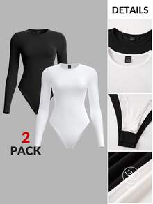 SHEIN BASICS 2pcs/Set Women Solid Color Knitted Round Neck Long Sleeve Bodysuit Black And White Summer Basic Day Time Office Modest Casual Evening - Black and White - View 9