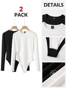 SHEIN BASICS 2pcs/Set Women Solid Color Knitted Round Neck Long Sleeve Bodysuit Black And White Summer Basic Day Time Office Modest Casual Evening - Black and White - View 3