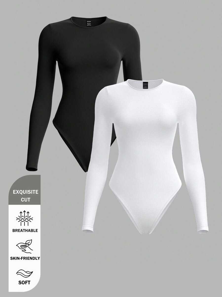 SHEIN BASICS 2pcs/Set Women Solid Color Knitted Round Neck Long Sleeve Bodysuit Black And White Summer Basic Day Time Office Modest Casual Evening - Black and White - View 1