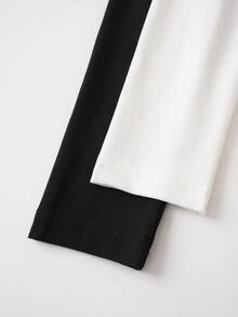 SHEIN BASICS 2pcs/Set Women Solid Color Knitted Round Neck Long Sleeve Bodysuit Black And White Summer Basic Day Time Office Modest Casual Evening - Black and White - View 8