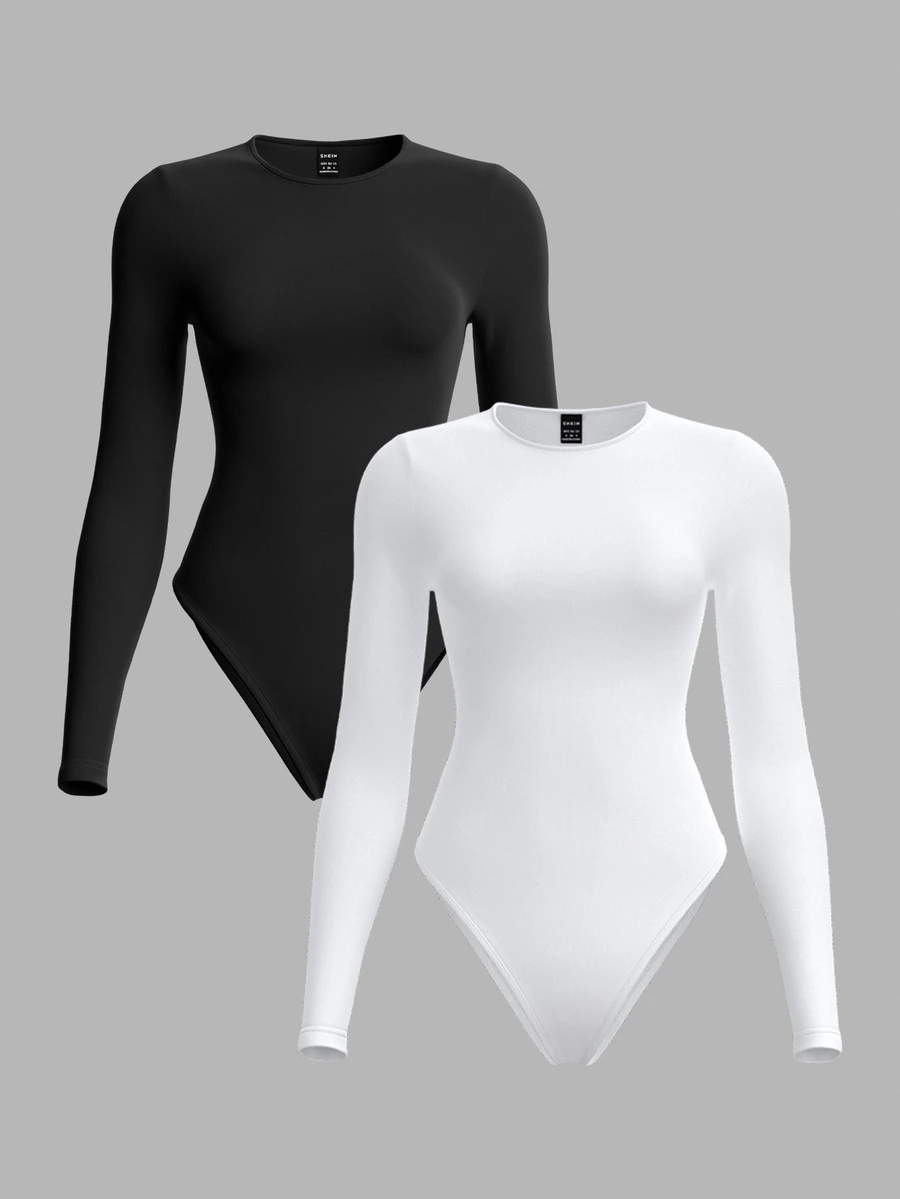 SHEIN BASICS 2件組女款純色針織圓領長袖連身衣 黑白配色 夏季基礎款 適合辦公、度假、夜晚外出、休閒穿搭 - 黑與白 - 查看 1