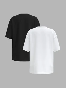 SHEIN BASICS 2件組女款休閒極簡基本款保守純色針織圓領寬鬆短袖T恤上衣，黑色白色，適合夏季日間城市度假 - 黑與白 - 查看 2