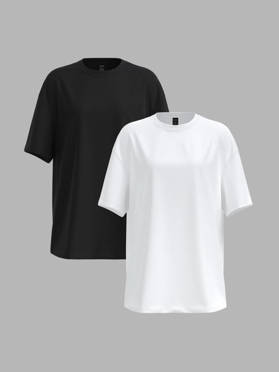SHEIN BASICS 2pcs/Set Casual Minimalist Basic Modest Solid Color Knit Round Neck Loose Short Sleeve T-Shirt For Women Tops Black White Summer Daytime City Break - Black and White - View 1