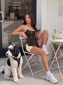 SHEIN Sports Contrast Binding Sports Athleisure Athletic Set Gym Chocolate Brown Summer - Coffee Brown - View 6